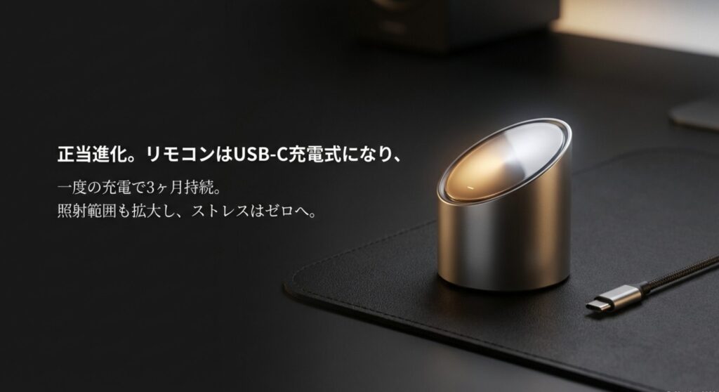 正当進化。リモコンはUSB-C充電式になり一度の充電で3ヶ月持続。照射範囲も拡大したことを示したスライド