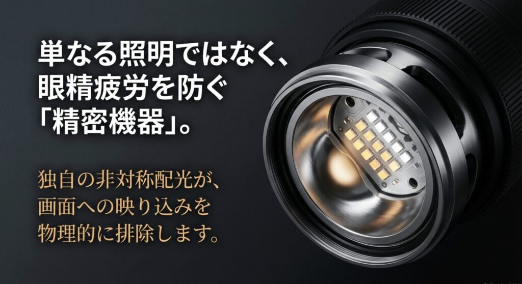 単なる照明ではなく眼精疲労を防ぐ精密機器。独自の非対称配光が画面への映り込みを物理的に排除することを示したスライド
