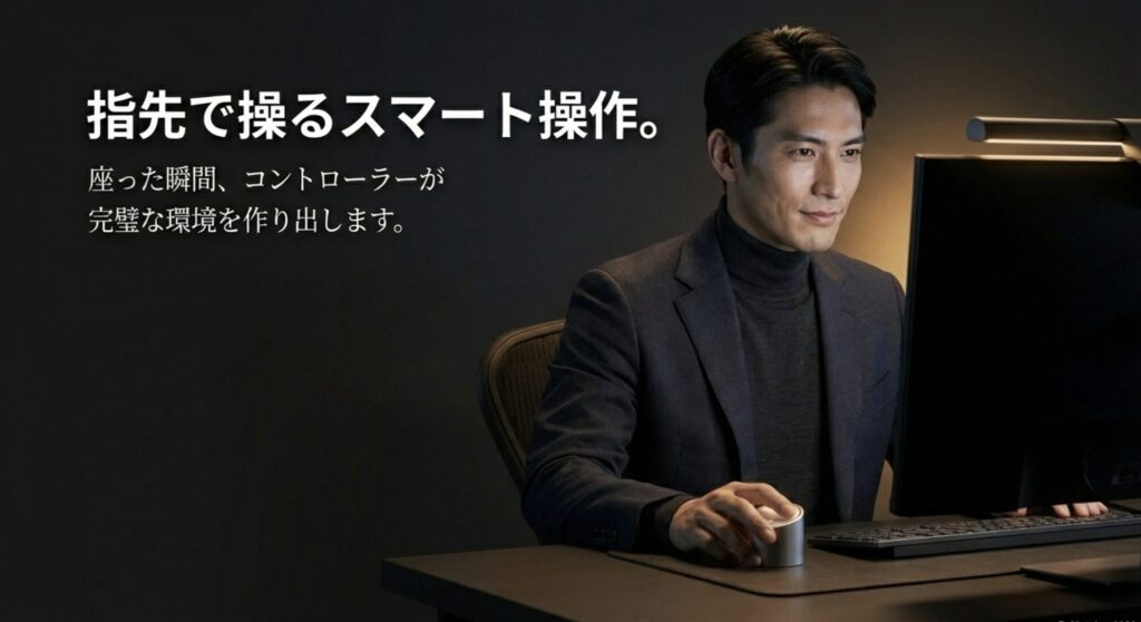 指先で操るスマート操作。座った瞬間、コントローラーが完璧な環境を作り出すことを示したスライド