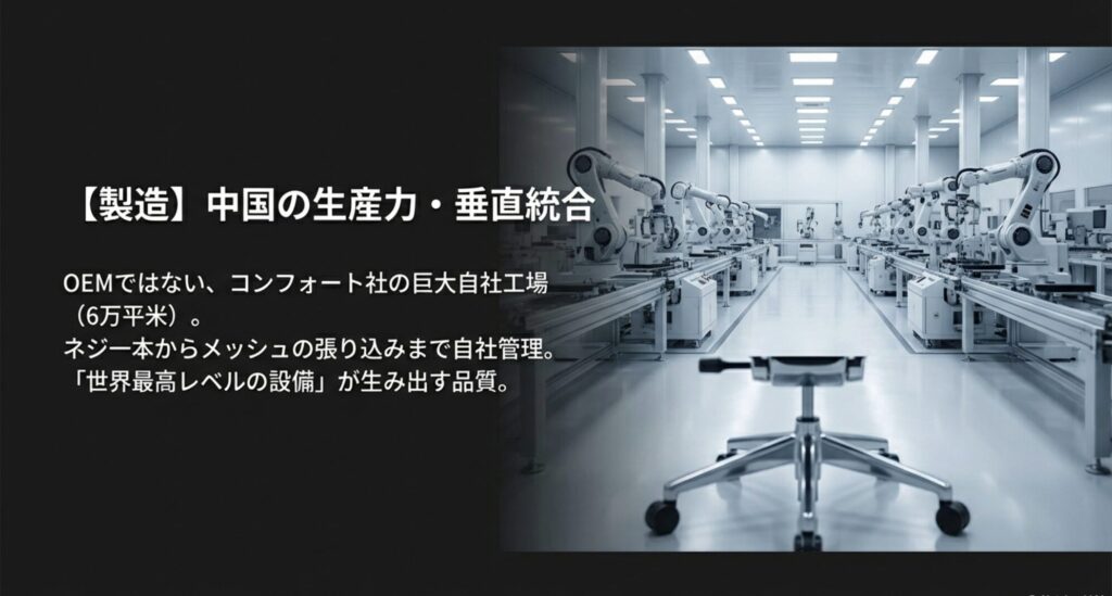 中国にあるコンフォート社の6万平米の自社工場と、ネジ一本から管理する垂直統合システムを紹介するスライド