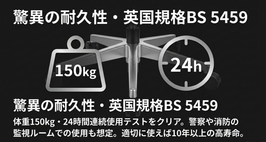 体重150kgでの24時間連続使用テスト(英国規格BS5459)をクリアした耐久性と、10年以上の高寿命を説明するスライド