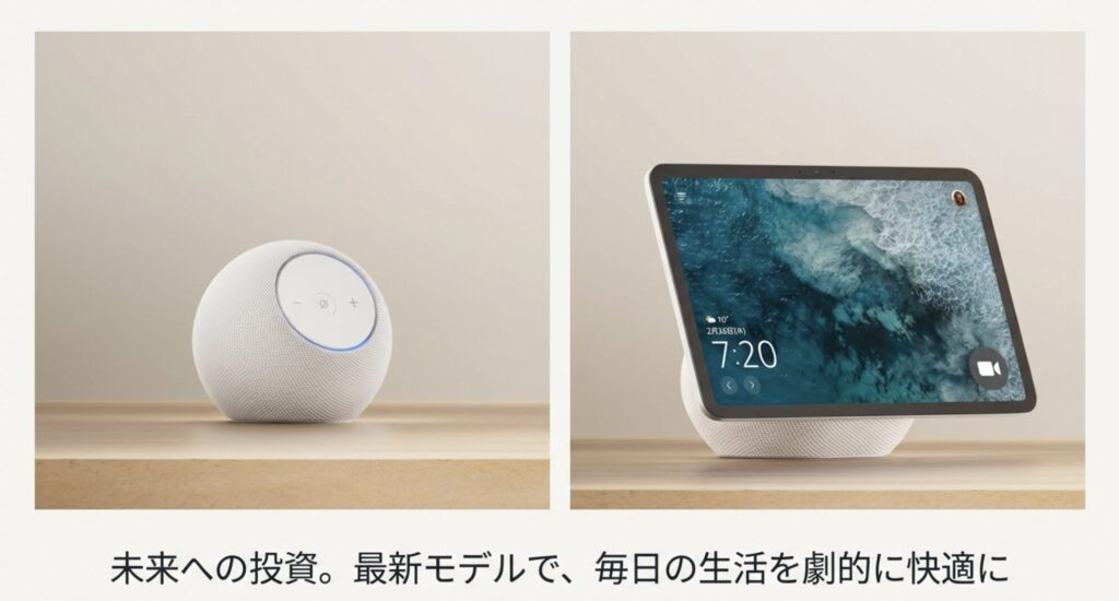 未来への投資。最新モデルで毎日の生活を劇的に快適にするという提案スライド