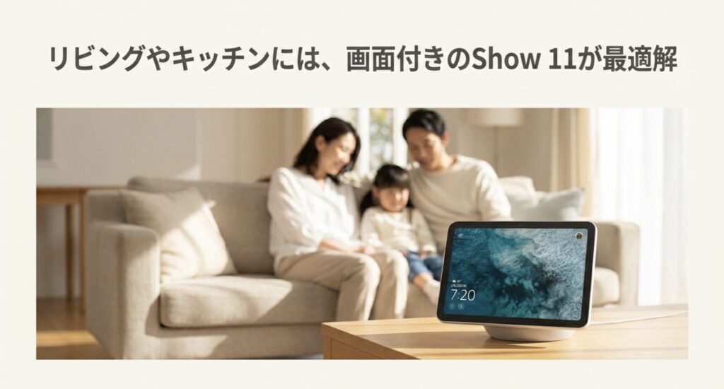 リビングやキッチンに最適な画面付きEcho Show 11の活用イメージ
