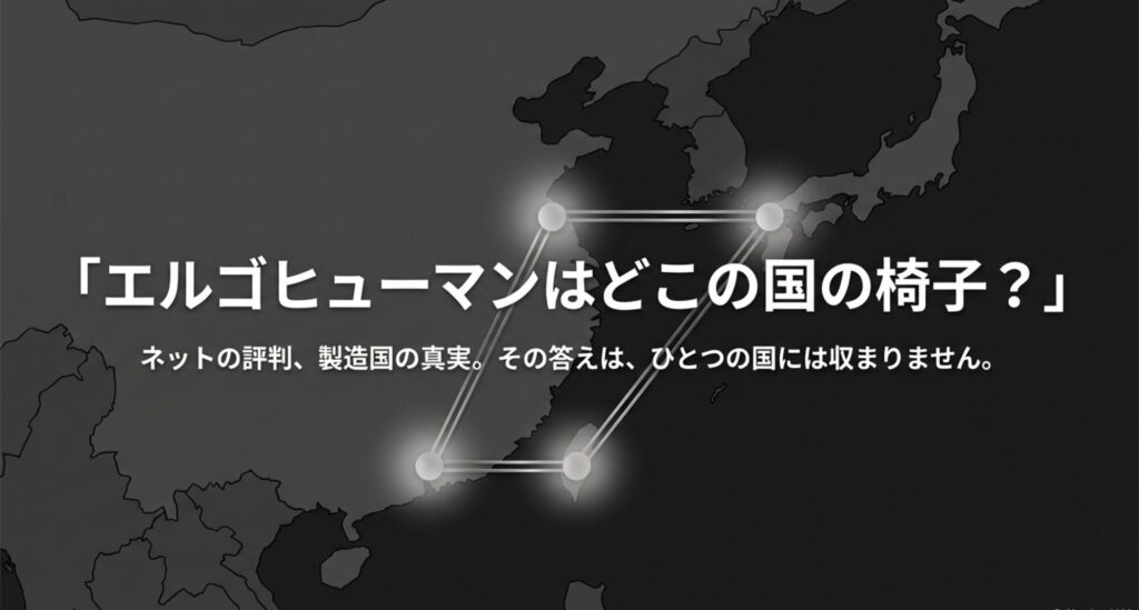 「エルゴヒューマンはどこの国の椅子?」という問いかけと、ネットの評判や製造国に関する疑問を提示するスライド