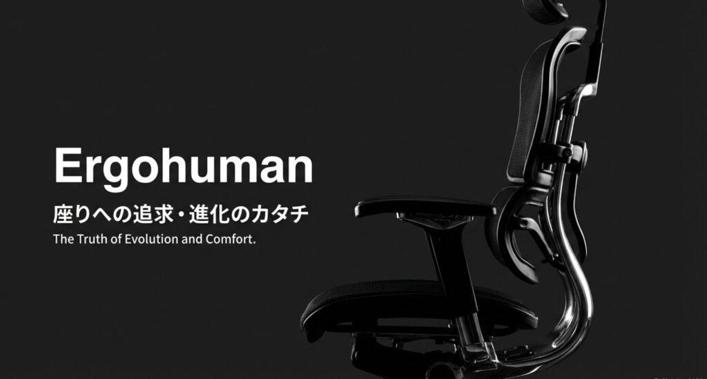 エルゴヒューマンのブランドスローガン「The Truth of Evolution and Comfort」とロゴがデザインされたスライド