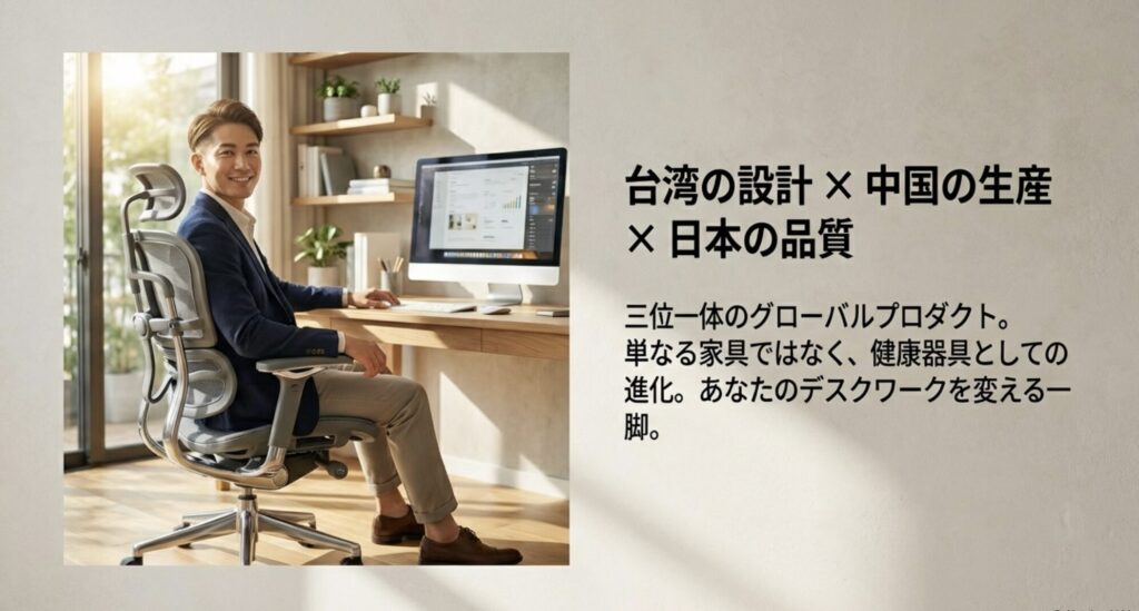 台湾の設計、中国の生産、日本の品質が融合した三位一体のグローバルプロダクトであることを、デスクワークの風景と共に紹介するスライド