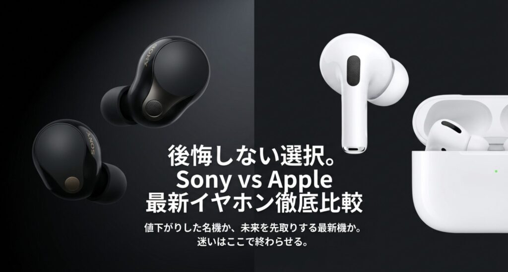 ソニーWF-1000XM5とApple AirPods Proが並んだハイエンドな比較イメージ画像