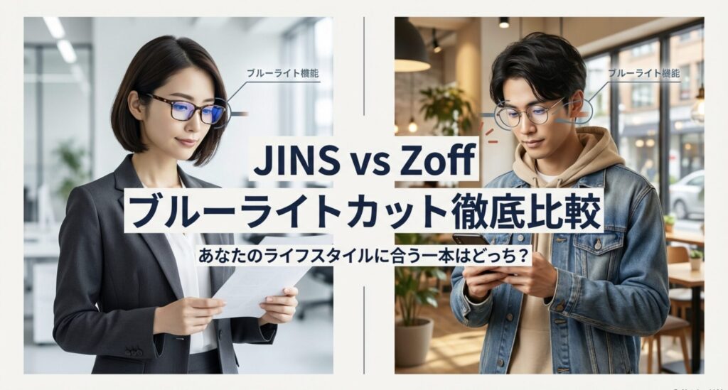 ブルーライトカット機能を持つメガネの購入先として、JINSとZoffのどちらを選ぶべきか比較するタイトルスライド