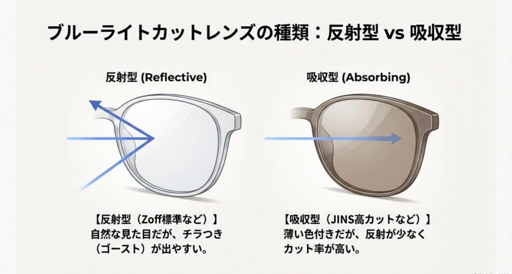 青色光を表面で反射する反射型レンズと、素材で吸収する吸収型レンズの仕組みを解説した図解