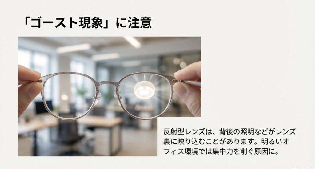 レンズの裏側に背後の照明が映り込んでいる様子。反射型レンズ特有のチラつきやゴースト現象を示す画像