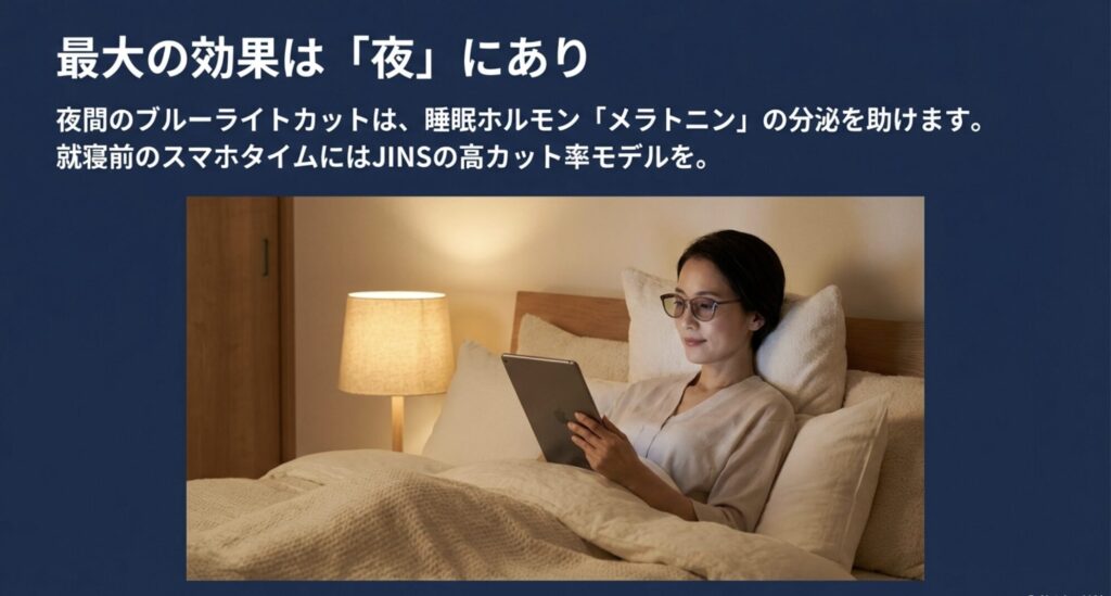 夜にベッドでタブレットを見ている女性。夜間のブルーライトカットが睡眠ホルモン「メラトニン」の分泌を助けることを示す画像