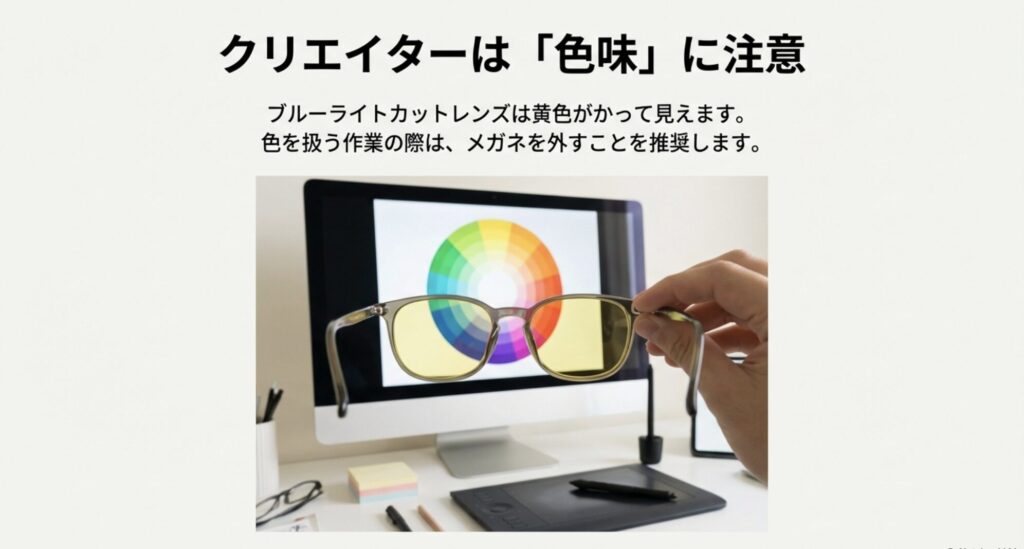カラーパレットと黄色がかったレンズ越しの見え方。色を扱う作業ではブルーライトカットレンズを外すべき理由を示す画像