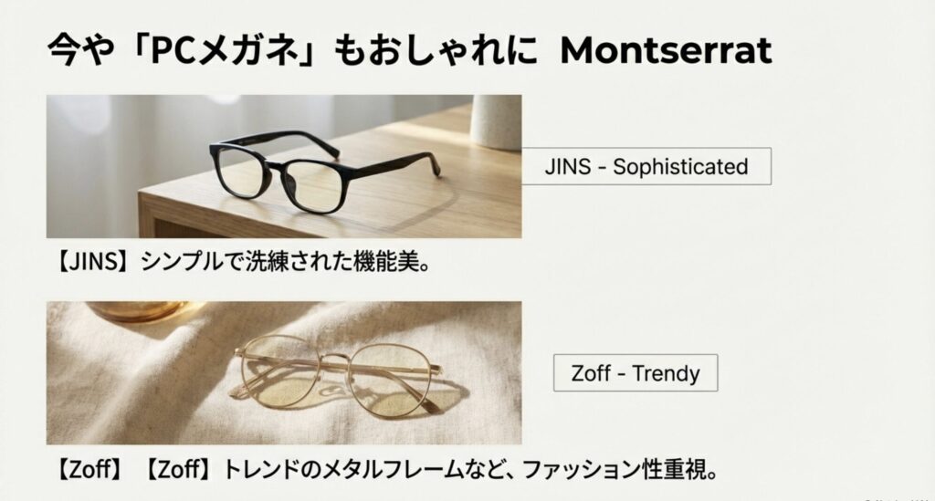 JINSのシンプルで洗練されたフレームと、Zoffのトレンドを意識したメタルフレームの写真比較