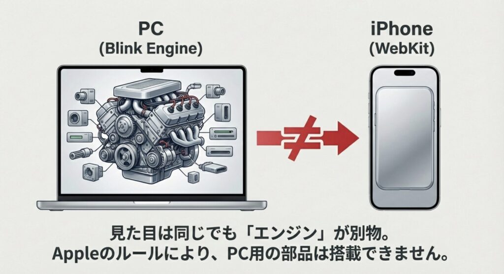 PC版BlinkエンジンとiPhone版WebKitエンジンの違いを表す図