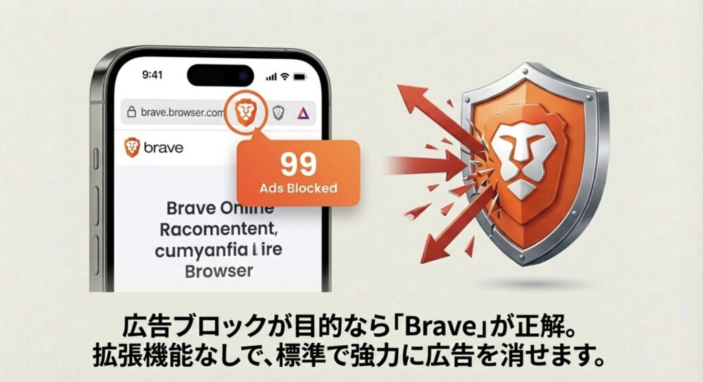 Braveブラウザの標準機能による広告ブロックのイメージ