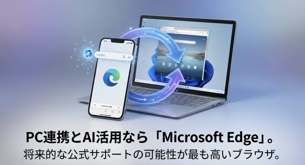 iPhoneとPC間で連携できるMicrosoft EdgeとCopilotのイメージ