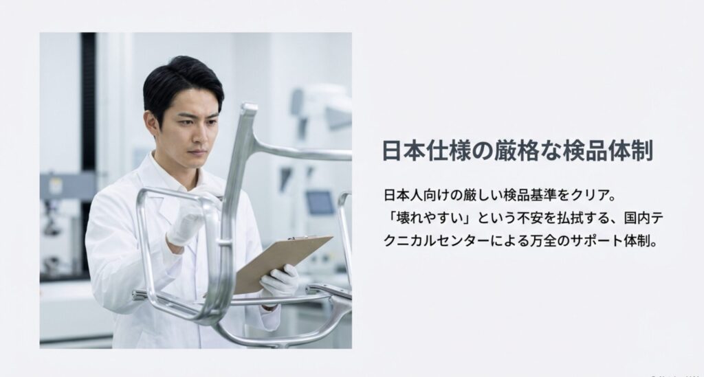 日本人スタッフによる厳格な検品作業の様子と、国内テクニカルセンターによるサポート体制を紹介するスライド