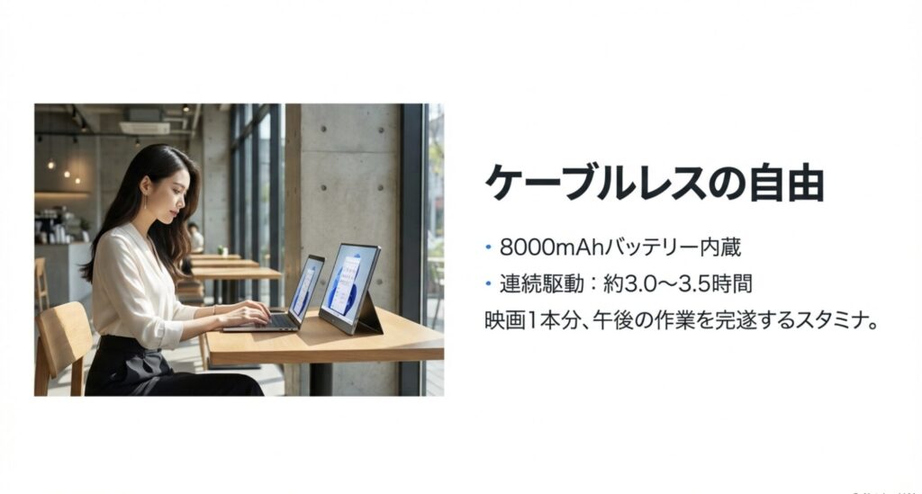 KEEPTIME 8000mAhバッテリー内蔵 連続駆動約3.5時間 ケーブルレス作業イメージ