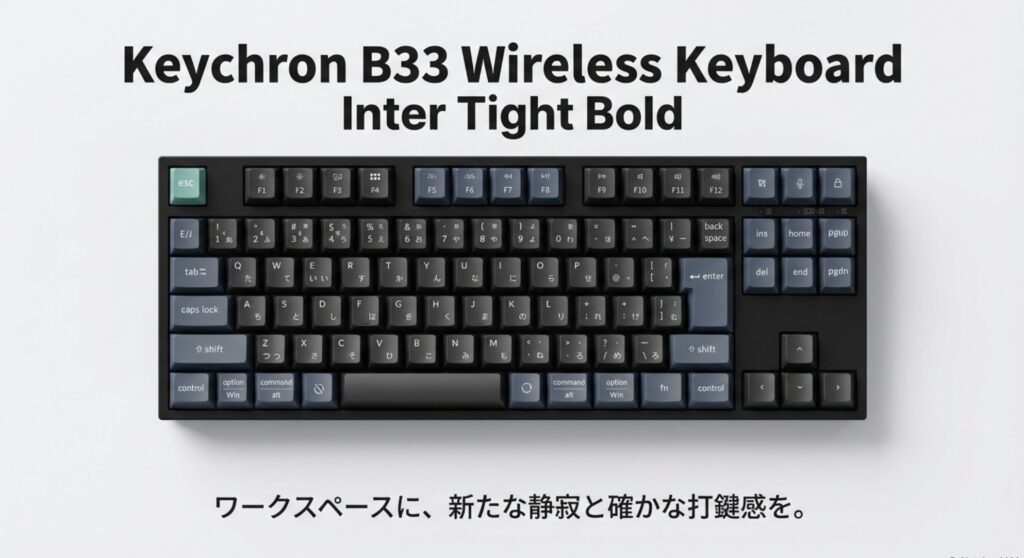 Keychron B33のキー配列とデザイン。JIS配列やUS配列に対応した80%TKLレイアウトの俯瞰図。