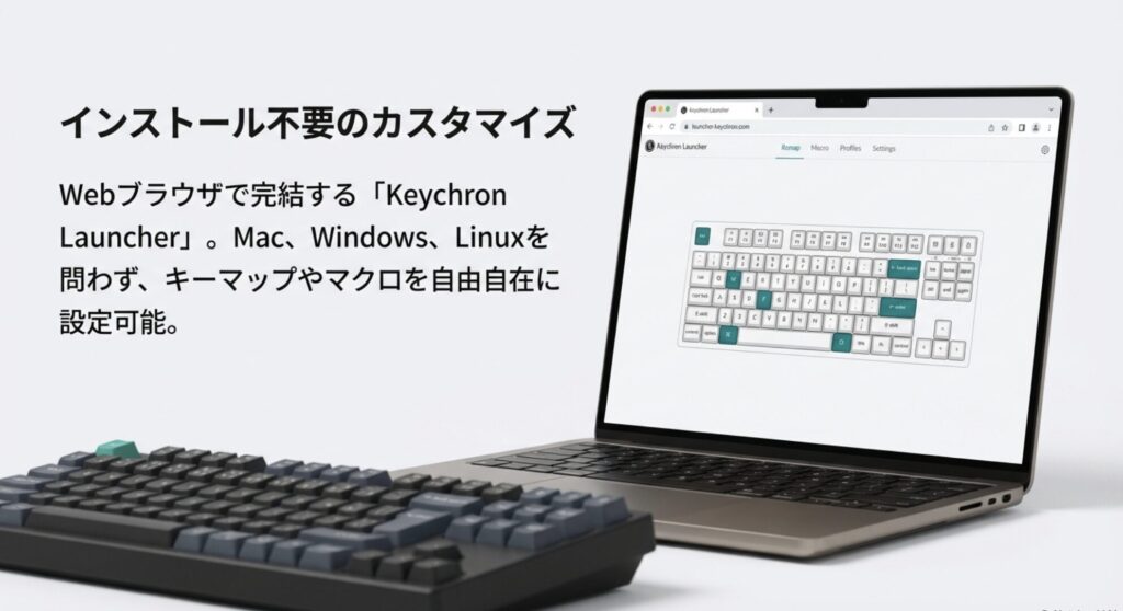 Webブラウザ上で動作するKeychron LauncherのUI。キーマップ変更やマクロ設定がWindows/Mac問わず可能。