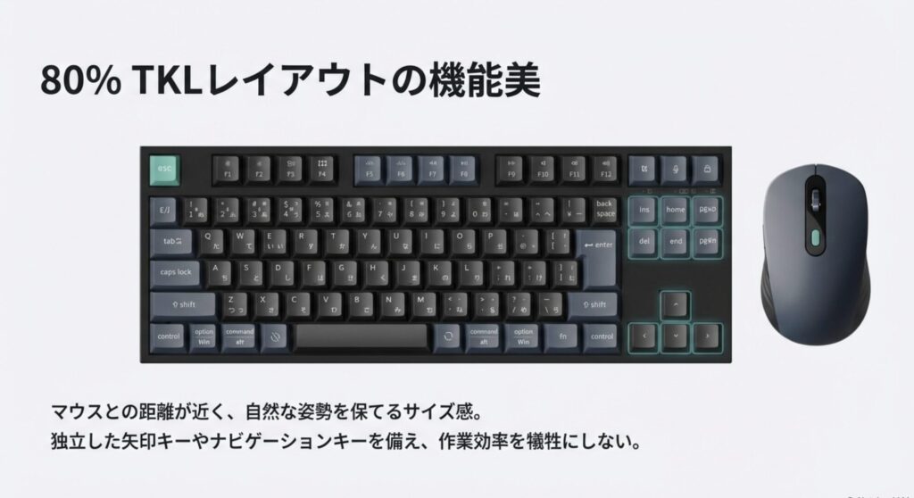 独立した矢印キーやナビゲーションキーを備えたKeychron B33のテンキーレスレイアウト図。