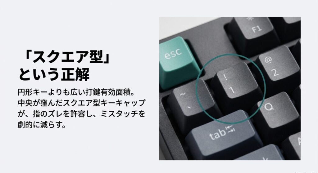 円形キーと比較して打鍵有効面積が広い、Keychron B33のスクエア型(四角)キーキャップのアップ画像。