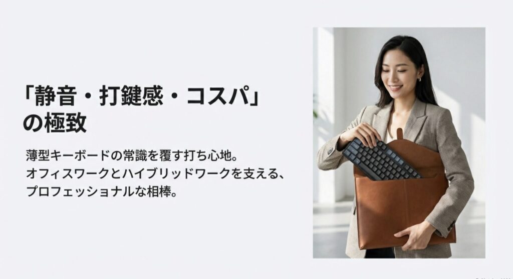 Keychron B33をケースに入れて持ち運ぶ女性。オフィスワークとハイブリッドワークを支える相棒としてのイメージ。