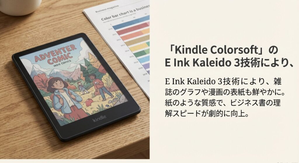 Kindle ColorsoftのE Ink Kaleido 3技術により雑誌や漫画が鮮やかになることを示したスライド