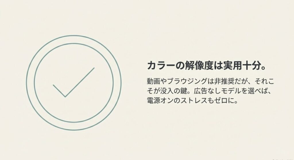 Kindleのカラー解像度の実用性と広告なしモデルのメリットを解説したスライド