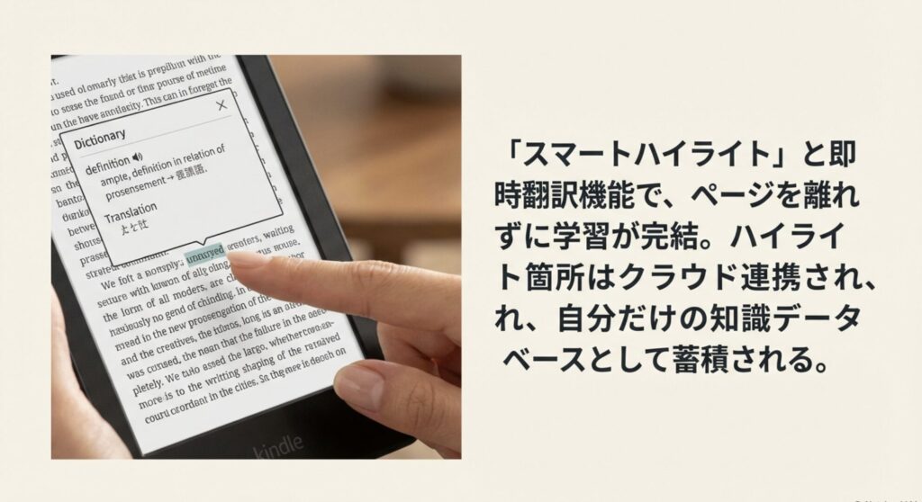 スマートハイライトと即時翻訳機能で学習が完結する様子を紹介したスライド