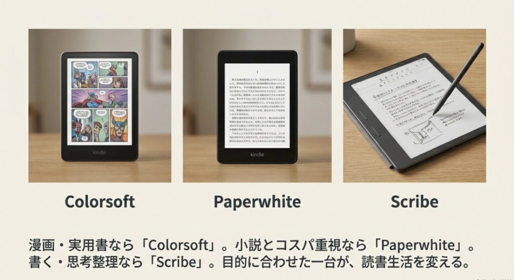 Colorsoft、Paperwhite、Scribeの各モデルの特徴と選び方をまとめた比較スライド