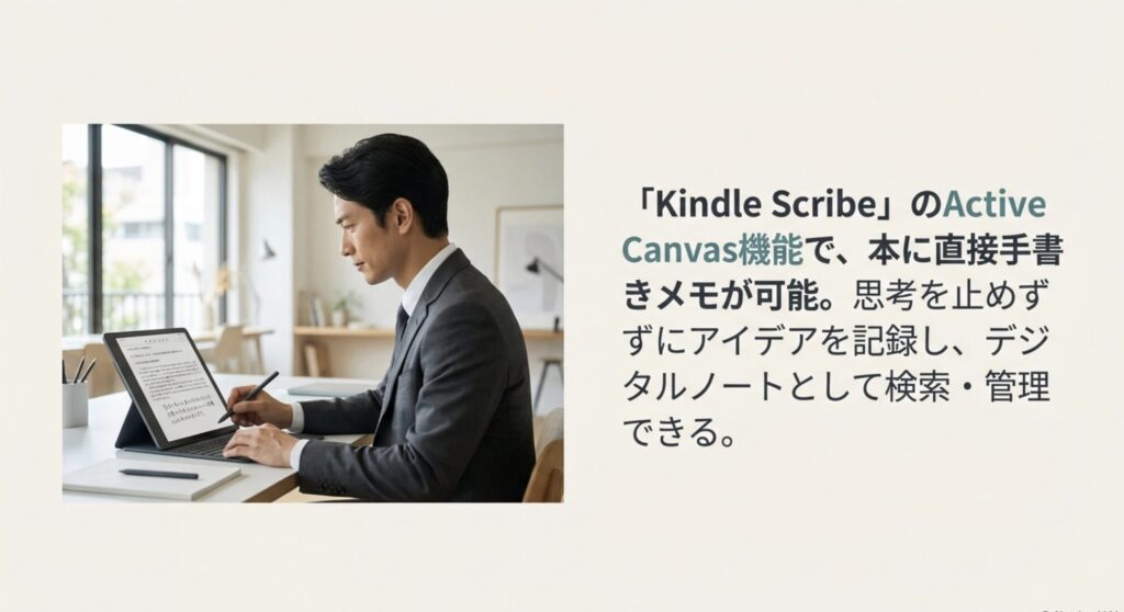 Kindle ScribeのActive Canvas機能で本に直接手書きメモができる様子を示したスライド