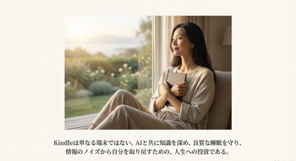 Kindleは知識を深め良質な睡眠を守る人生への投資であると結論付けたスライド