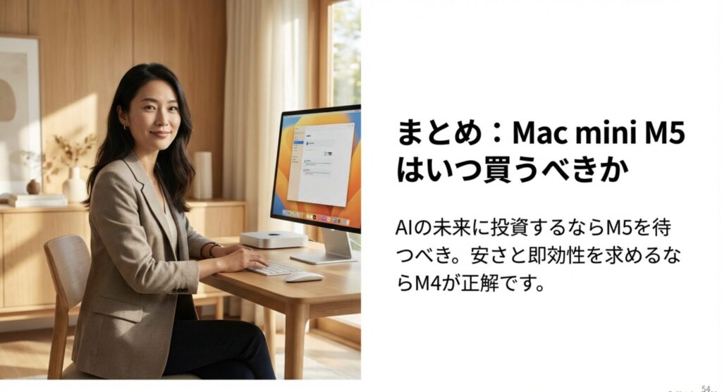 AIの未来に投資するならM5を待つべき、安さと即効性を求めるならM4が正解という結論をまとめた画像