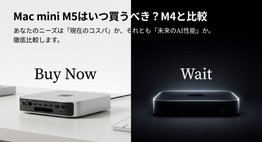 現在のコスパのM4か、未来のAI性能のM5か、Mac miniの買い時を比較する案内画像