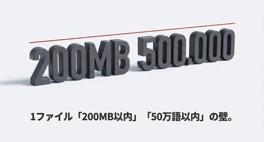 1ファイルあたり200MB以内、50万語以内というNotebookLMの具体的な物理制限を示す画像