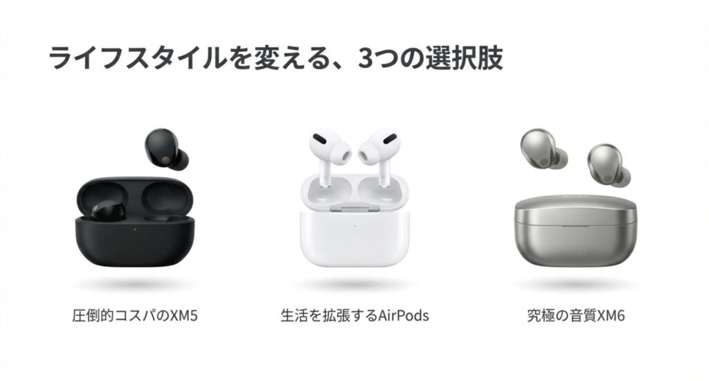 「後悔しない選択」ソニーとAppleの最新イヤホンを徹底比較するスライドのタイトル画面