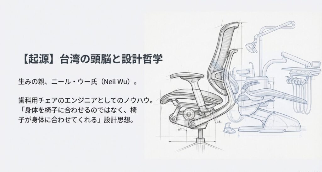 エルゴヒューマンの生みの親ニール・ウー氏の紹介と、歯科用チェアのエンジニアとしての設計思想を解説したスライド