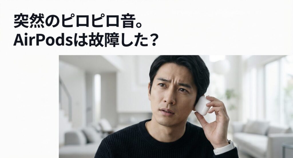 困惑した表情でAirPodsを耳に当てる男性と、突然のピロピロ音・AirPodsは故障した？というテキスト