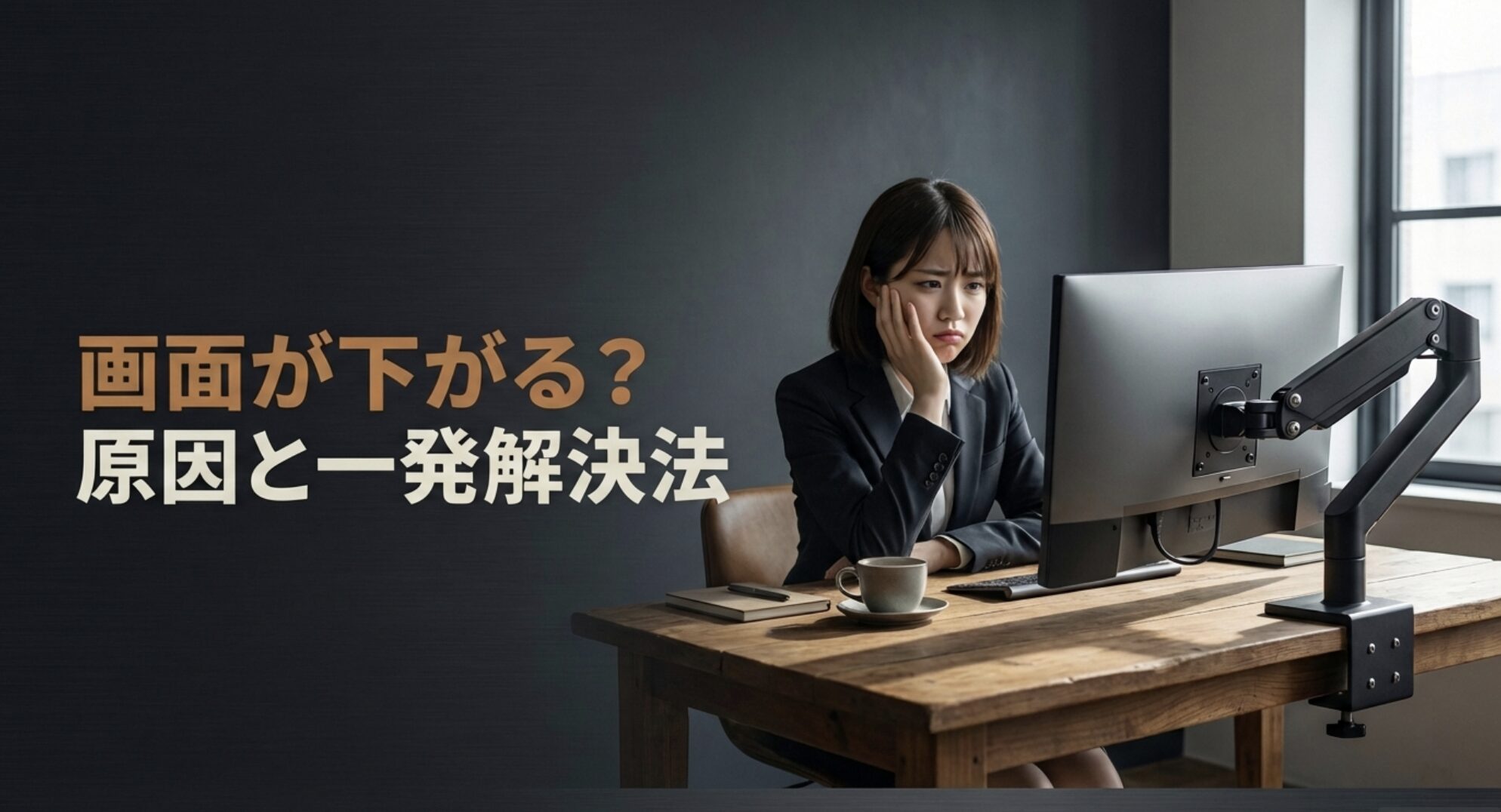 エルゴトロンのモニターアームが下がる原因と一発解決法を解説するスライド表紙