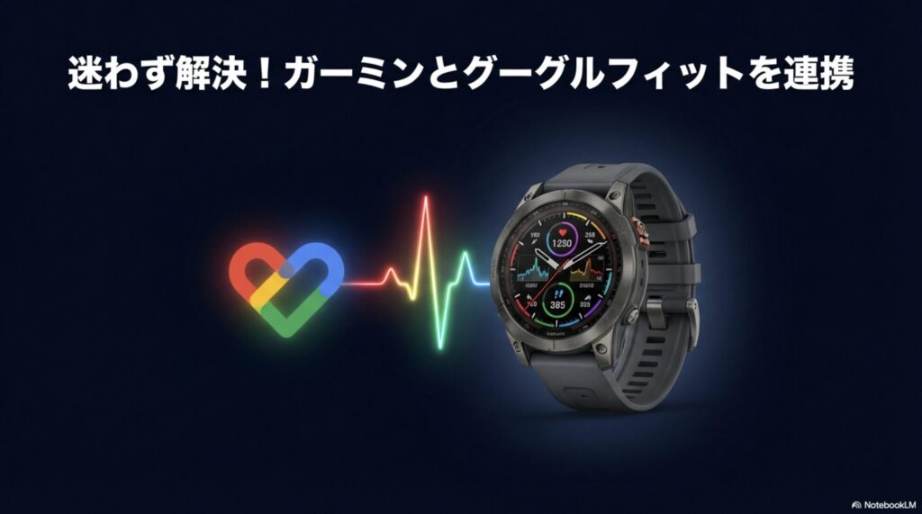 ガーミンのスマートウォッチとGoogle Fitのロゴが心電図でリンクしている連携イメージ画像