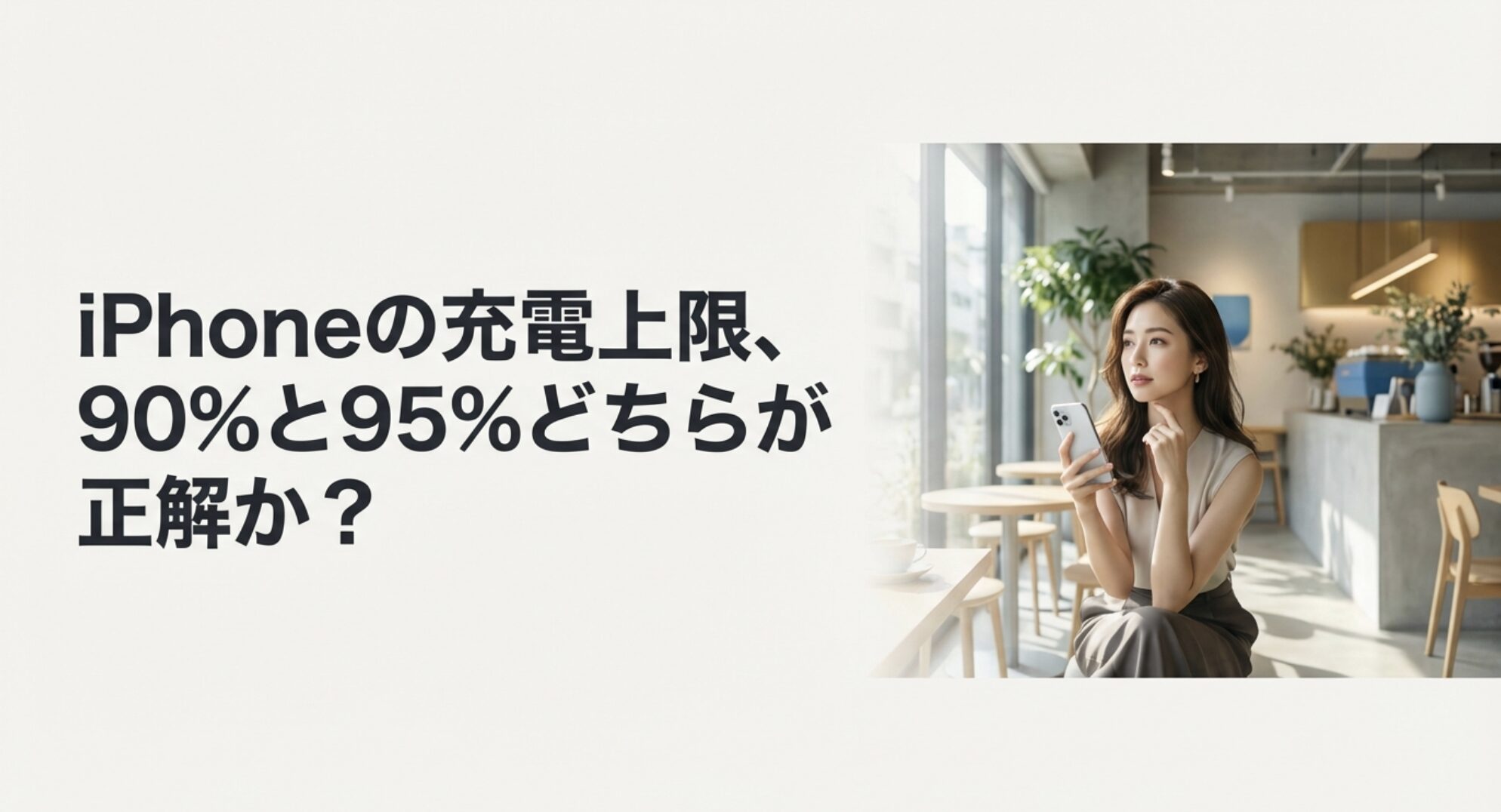 カフェでiPhoneを持ち、バッテリーの充電上限設定について考える女性のイメージ