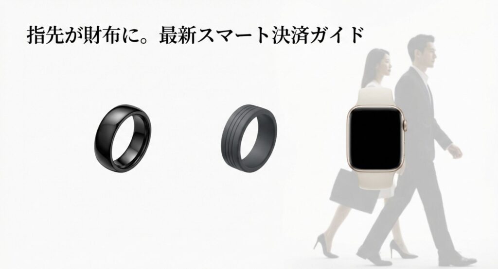 光沢のある黒いスマートリングのクローズアップ。指先が財布になる最新のスマート決済をイメージしたメインビジュアル。