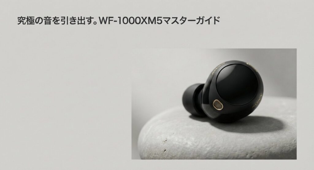 ソニーのワイヤレスイヤホン WF-1000XM5の本体画像と「究極の音を引き出す。マスターガイド」の文字