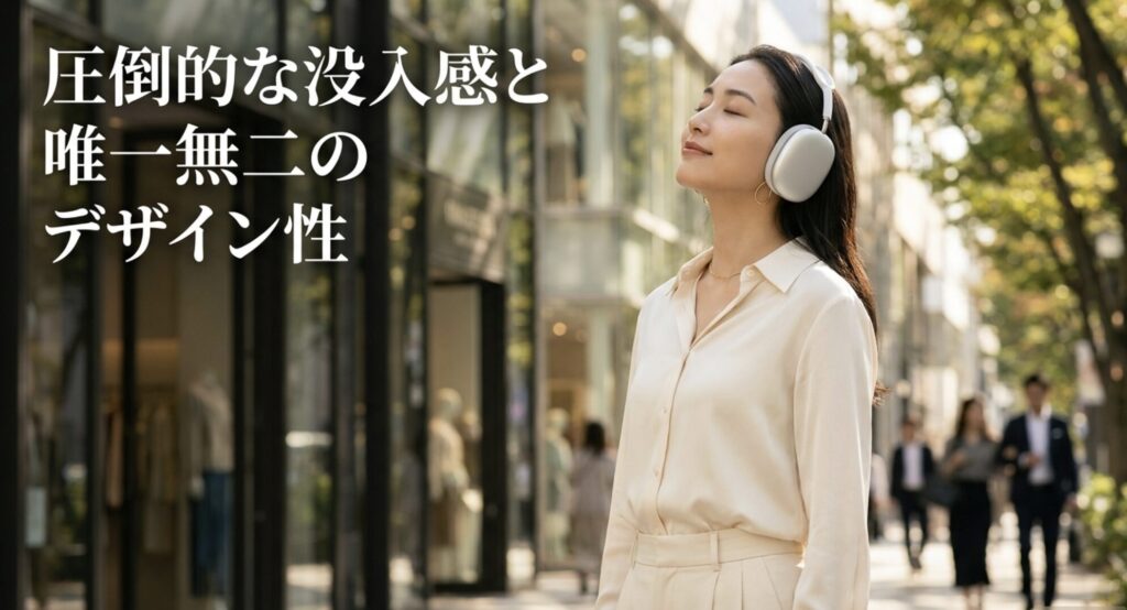 AirPods Maxの魅力である圧倒的な没入感と、唯一無二のデザイン性を紹介するスライド。