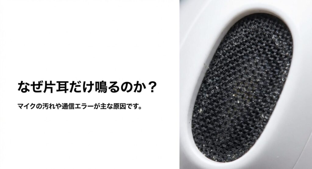 AirPods Proの片耳だけザーザー音が鳴る原因であるマイクの汚れや通信エラーを解説したスライド画像