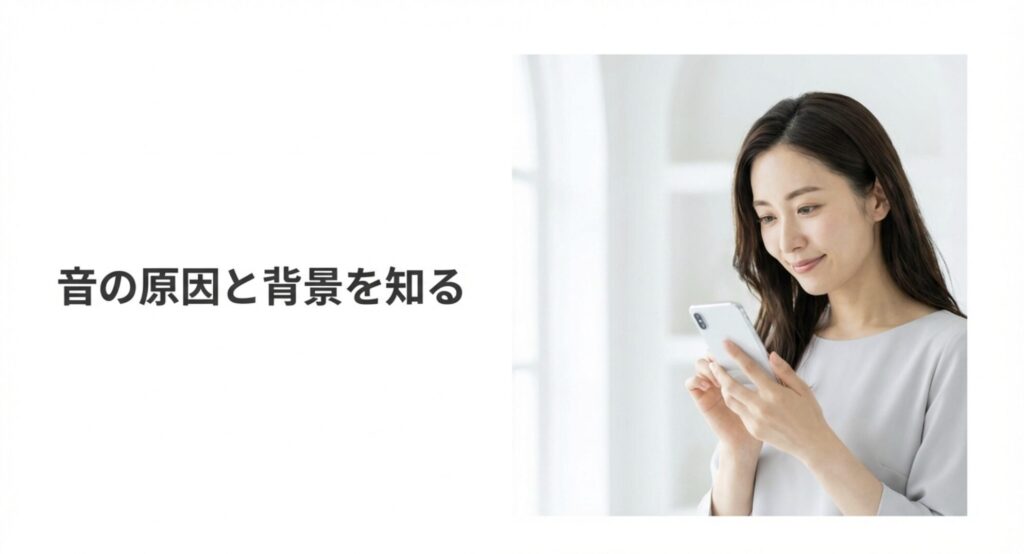 スマートフォンを操作して微笑む女性と、音の原因と背景を知るというテキスト