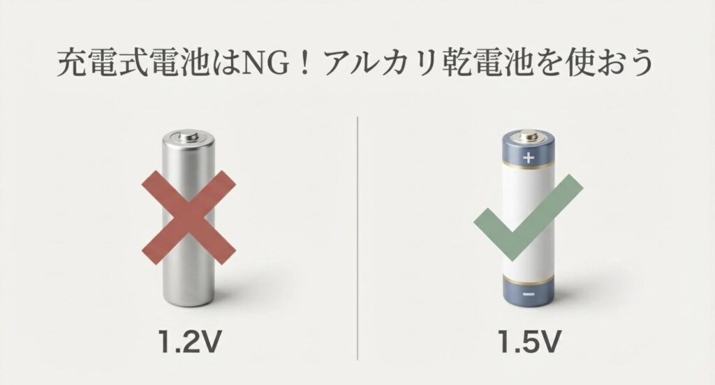 タニタ体重計には充電式電池ではなくアルカリ乾電池の使用を推奨する図解