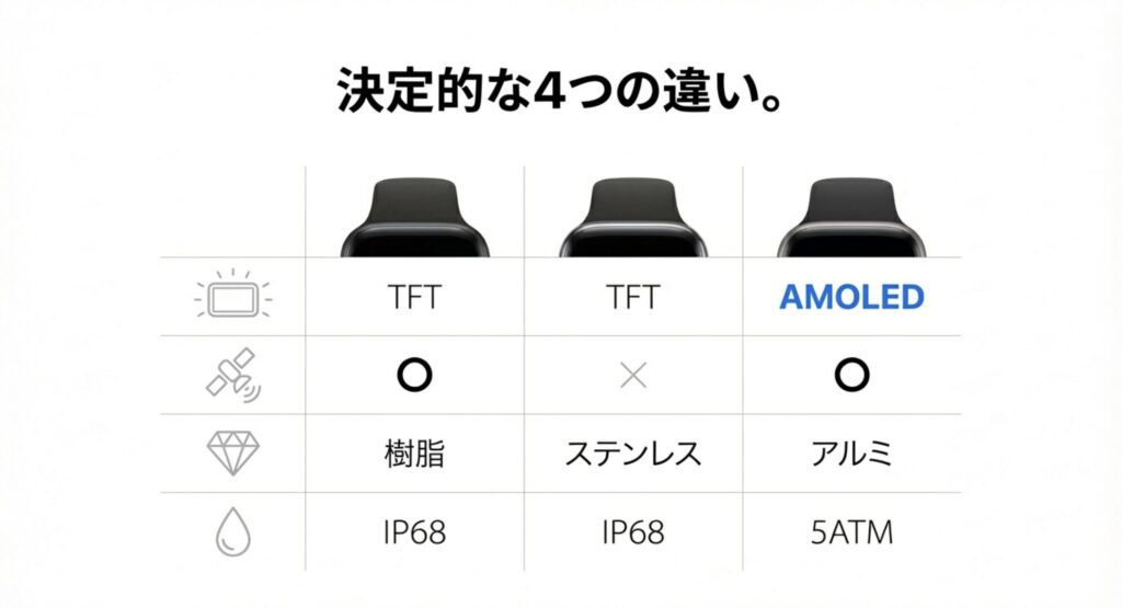 ディスプレイ、素材、防水性能におけるAmazfit Bipシリーズ3モデルのスペック比較表