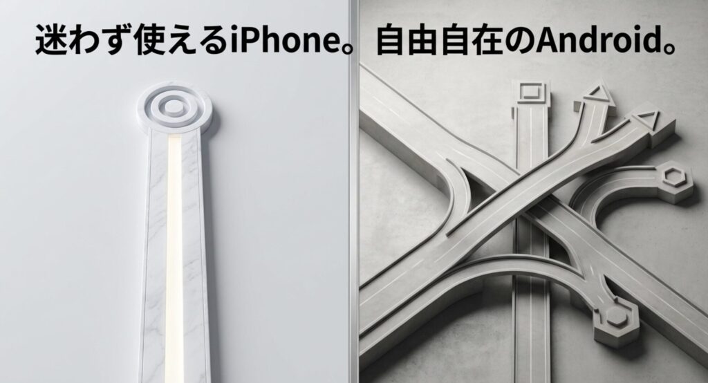 交差する道路のようにお互いの良さがあるiPhoneとAndroidの特徴を比較するイメージ